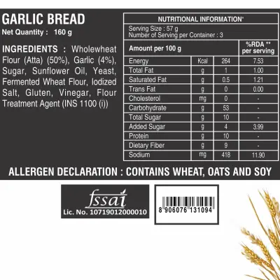 The Baker's Dozen Zero Maida Garlic Bread No Palm Oil No Preservative 100% Wholewheat