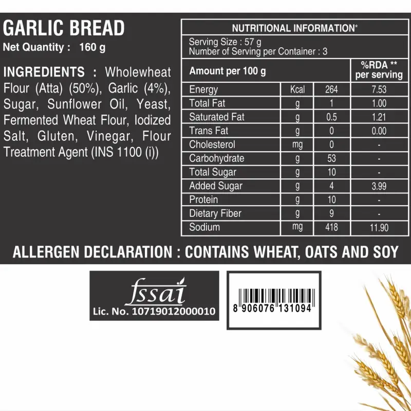The Baker's Dozen Zero Maida Garlic Bread No Palm Oil No Preservative 100% Wholewheat
