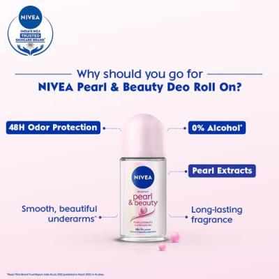 Nivea Pearl & Beauty Women Deodorant Roll On - For Smooth & Beautiful Underarms, 48h Protection, 50 ml Bottle