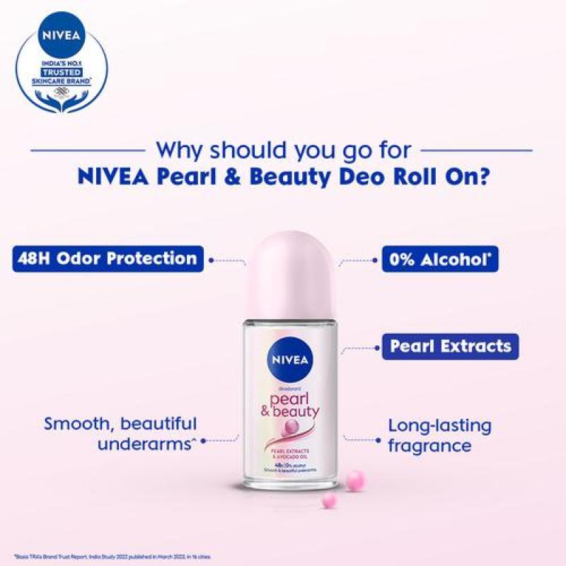 Nivea Pearl & Beauty Women Deodorant Roll On - For Smooth & Beautiful Underarms, 48h Protection, 50 ml Bottle