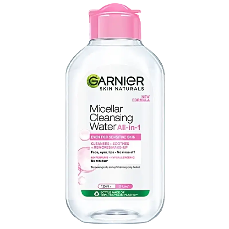 Garnier Micellar Water - Gentle Cleanser For Sensitive Skin, Get 100% Clean Skin, 125 ml