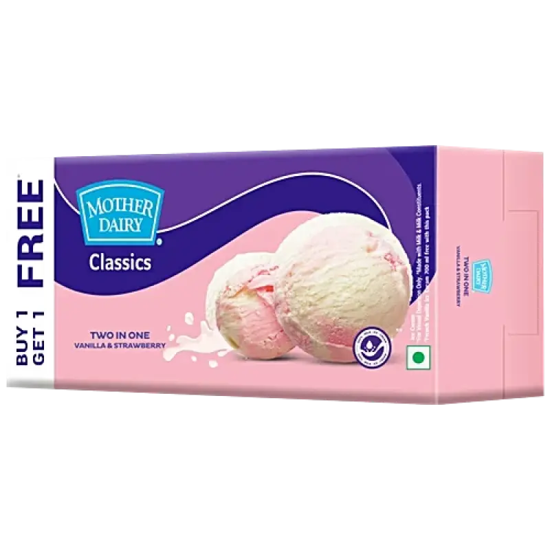 Mother Dairy Vanilla & Strawberry Ice Cream - Two In One, 700 ml Buy 1 Get 1 Free