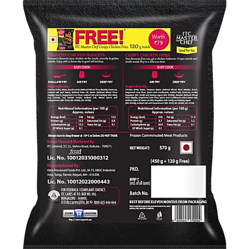 ITC Master Chef Chicken Nugget- Crunchy, High Protein, No Added Preservatives, 450 g (Get Crispy Chicken Fries, 120 g Free)