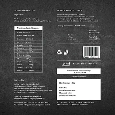 INDIAN PARATHA COMPANY Achart Masti Paratha - Whole Wheat, Heat To Serve, No Preservatives, 400 g
