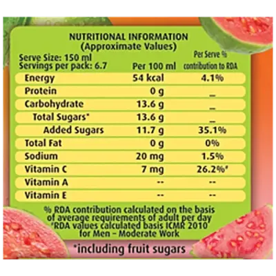 Real Fruit Power Guava Juice - Vitamin Boost, Refreshing Drink, No Preservatives, 1 L