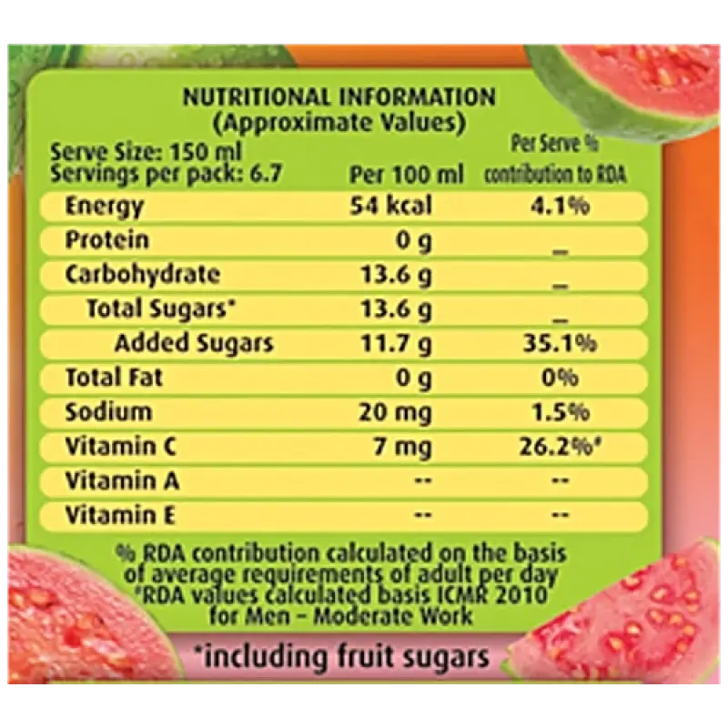 Real Fruit Power Guava Juice - Vitamin Boost, Refreshing Drink, No Preservatives, 1 L