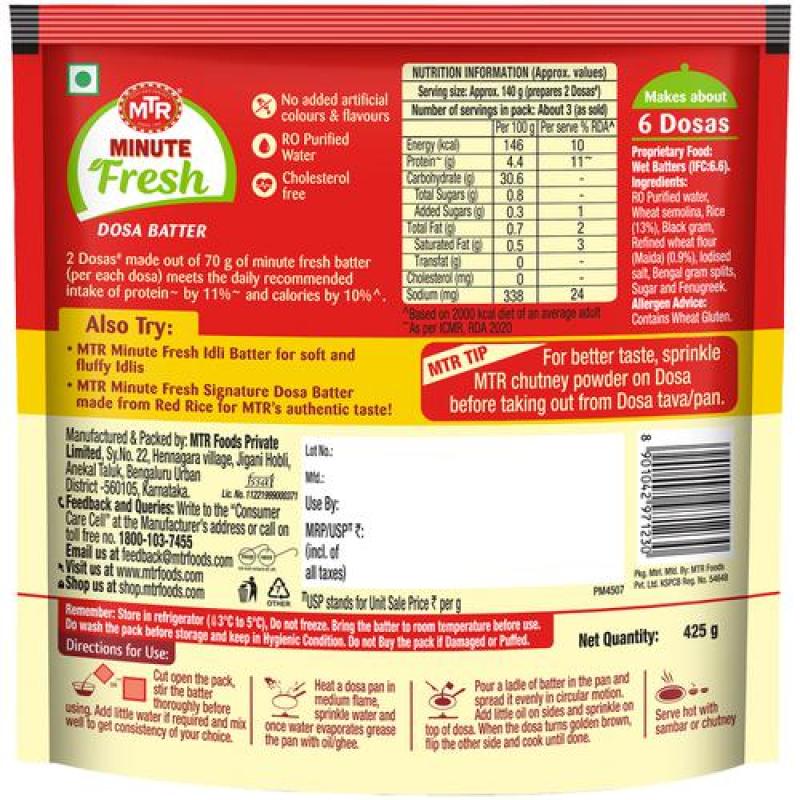 MTR Minute Fresh Dosa Batter - No Added Preservatives, Soda, Colours Or Flavours, Authentic Taste, 425 g