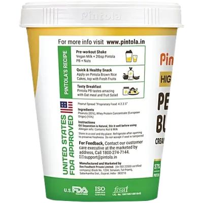 Pintola Peanut Butter - Creamy, With 37g Protein & 8g Fiber, Unsweetened, 510 g