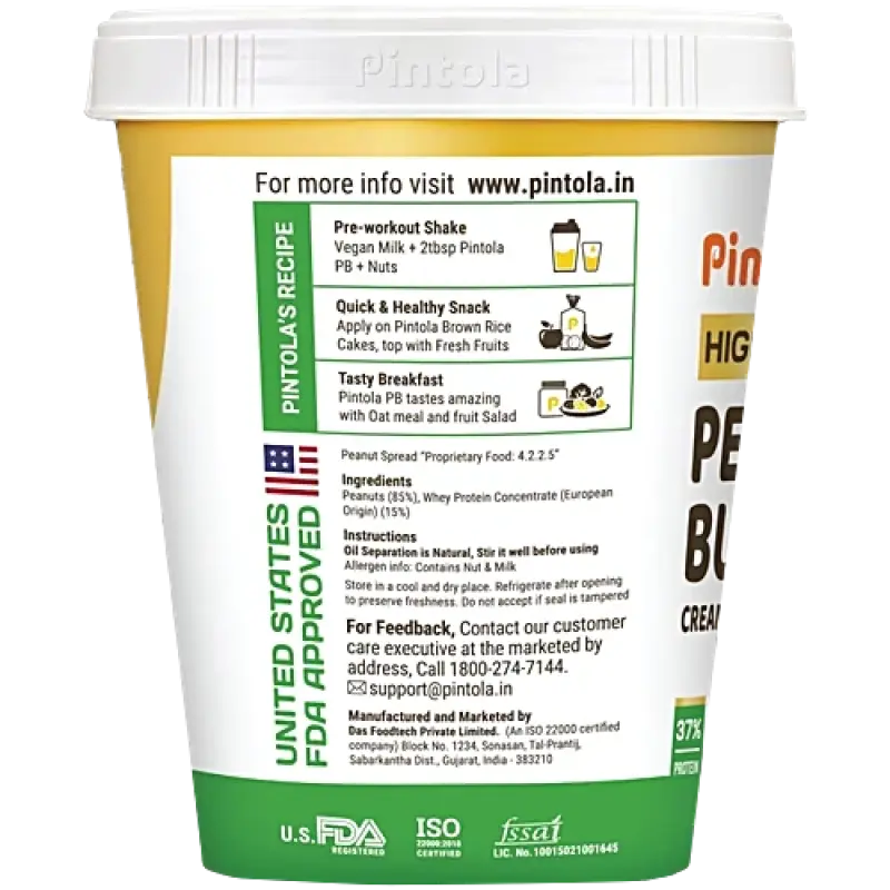 Pintola Peanut Butter - Creamy, With 37g Protein & 8g Fiber, Unsweetened, 510 g