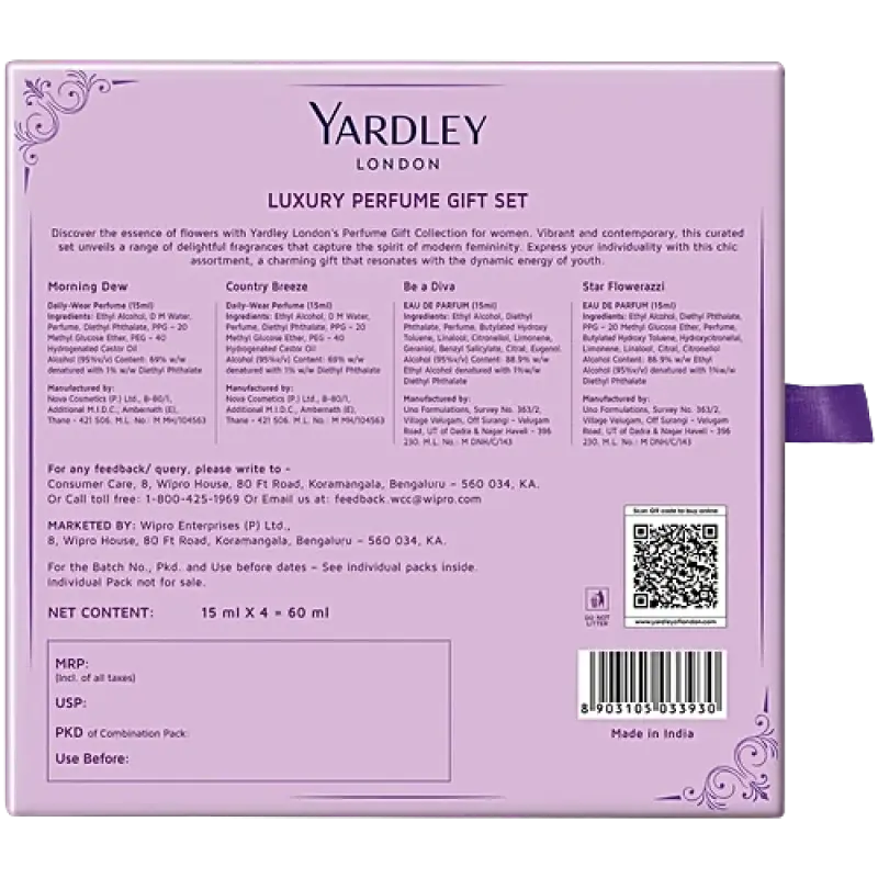 Yardley London Luxury Perfume Gift Set Combo For Women, 60 ml (15 ml x 4 pcs)