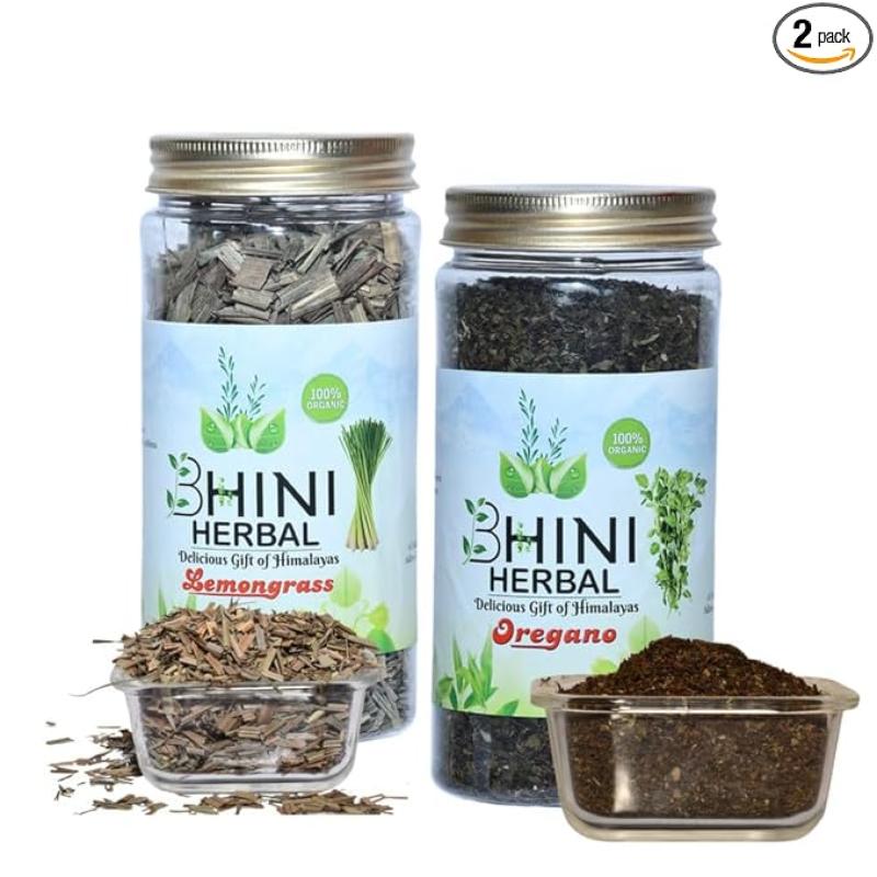 BHINI HERBAL Uttarakhand Pahadi Lemongrass Herbal Tea Leaves 50Gram + Fresh Organic Dried Oregano Leaves 50Gram (Pack of 2)