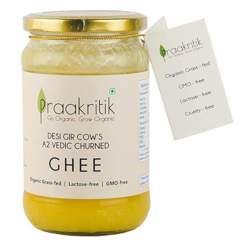 Praakritik Natural Desi Gir Cow Ghee 1L - 100% A2 Gir Cow Desi Ghee - Prepared by Traditional Bilona Method - Vedic Cultured Grassfed - Vegetarian GMO Free Lactose Free - Cow Ghee 1 Ltr