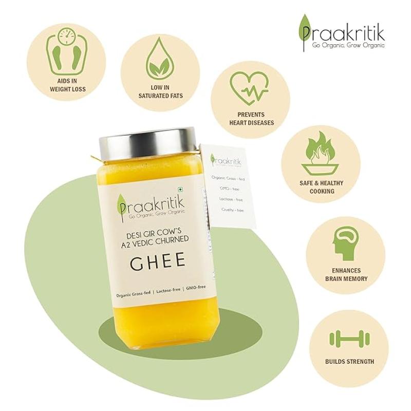 Praakritik Natural Desi Gir Cow Ghee 1L - 100% A2 Gir Cow Desi Ghee - Prepared by Traditional Bilona Method - Vedic Cultured Grassfed - Vegetarian GMO Free Lactose Free - Cow Ghee 1 Ltr