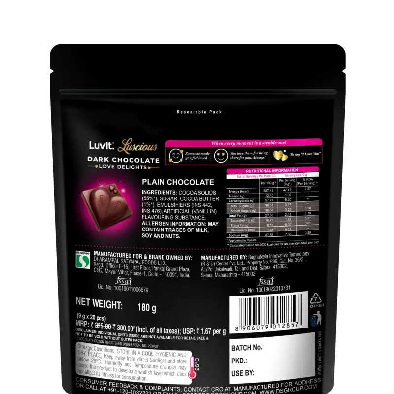 Luvit Luscious Love Delights Dark Chocolate Bar