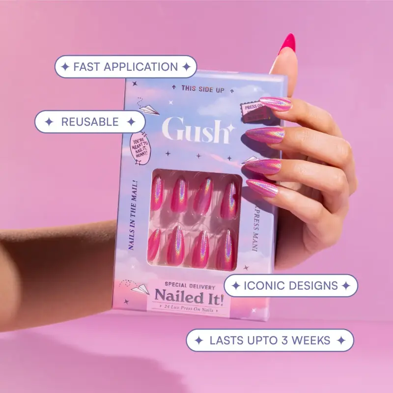 Gush Beauty Nailed It | Reusable Luxury Press On Nails | Gold Short Round | Celestial Gold | Nude & Gold