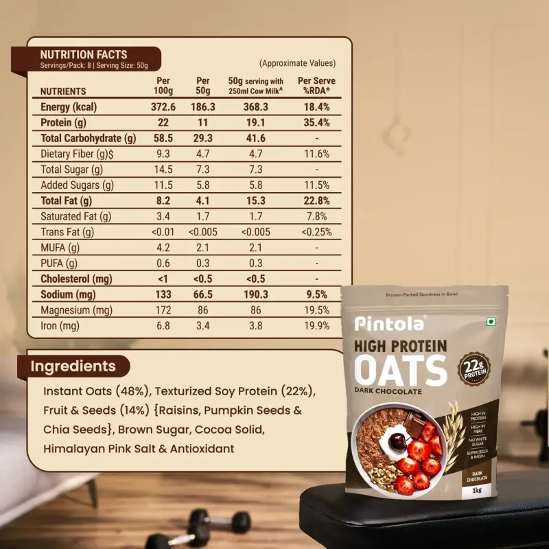 Pintola High Protein Oats Dark Chocolate With Almonds Raisin Pumpkin And Chia Seeds