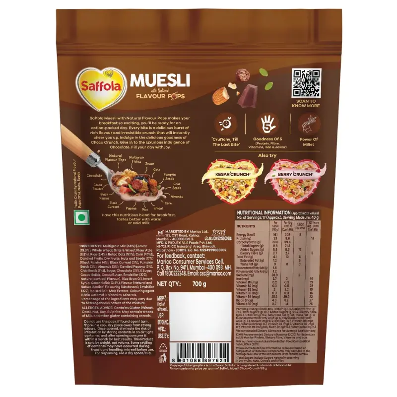 Saffola Muesli Choco Crunch With Flavour Pops 15 In 1 Fruit And Nuts | Seeds | Millet & More