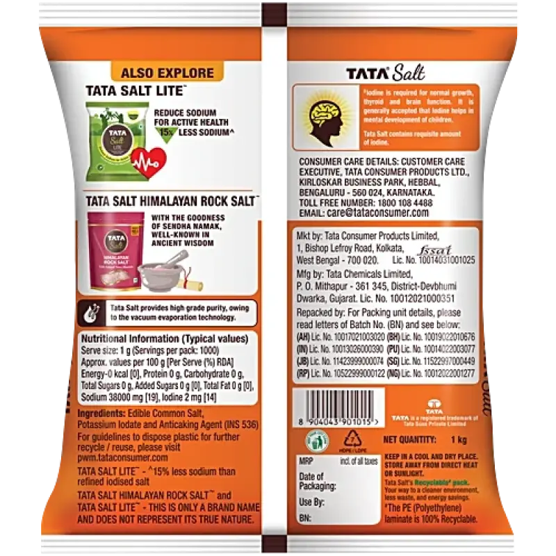 Tata Salt Vacuum Evaporated Iodised Edible Common Salt, 1 kg Pouch