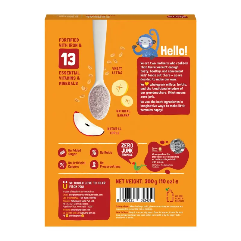 Slurrp Farm Wheat Apple and Banana Instant Healthy Cereal 100% Natural | No Added Sugar | No Milk