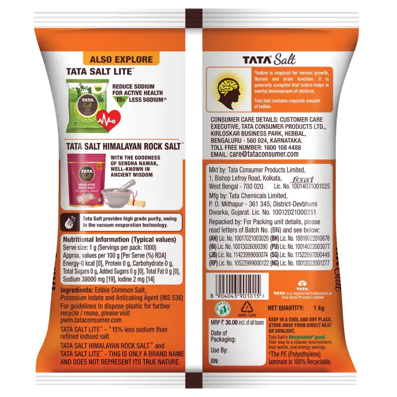 Tata Salt, Free Flowing and Iodised Namak, Vacuum Evaporated, Salt in Fresh