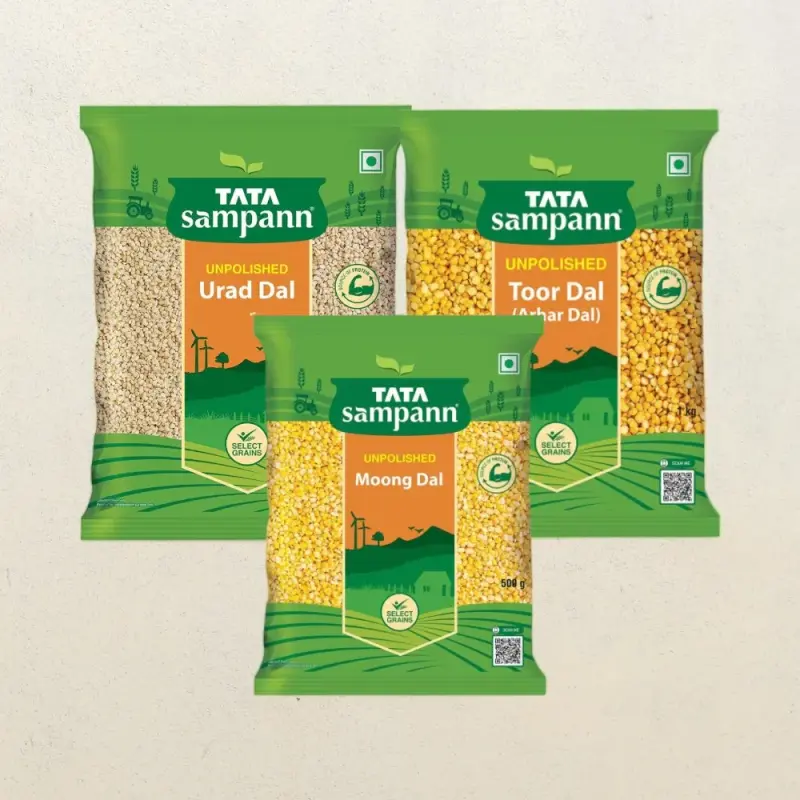 Tata Sampann Unpolished Toor (1kg), Moong (500gm), Urad Dal (500gm) Combo