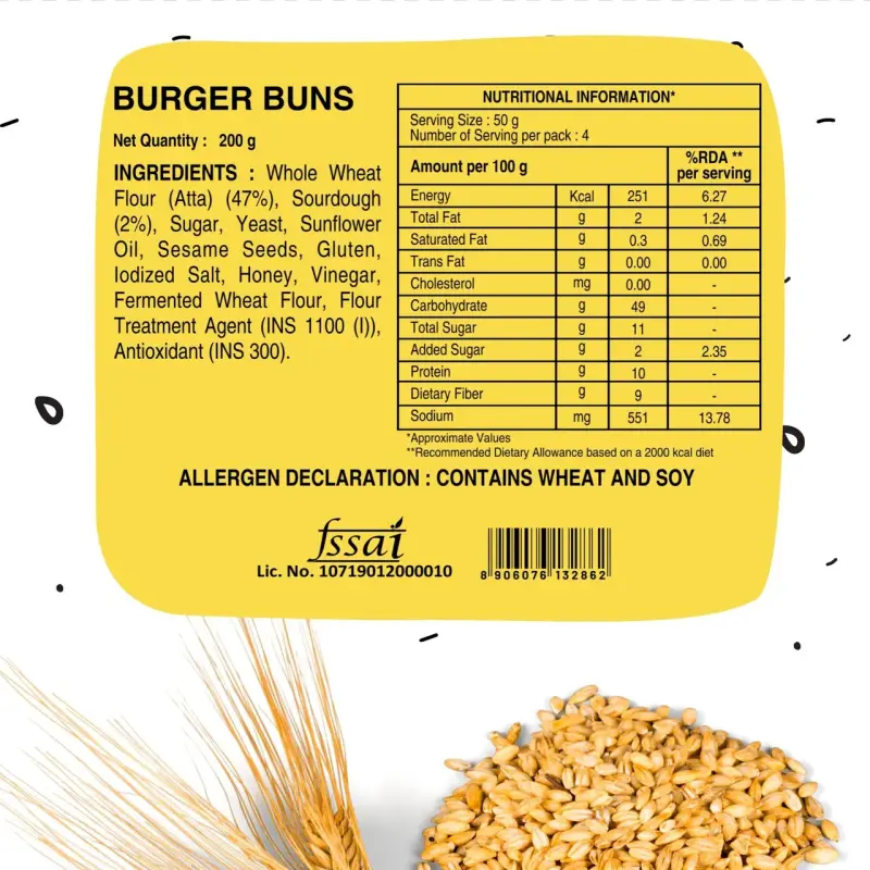 The Baker's Dozen Zero Maida Burger Buns No Palm Oil No Preservative 100% Wholehwheat