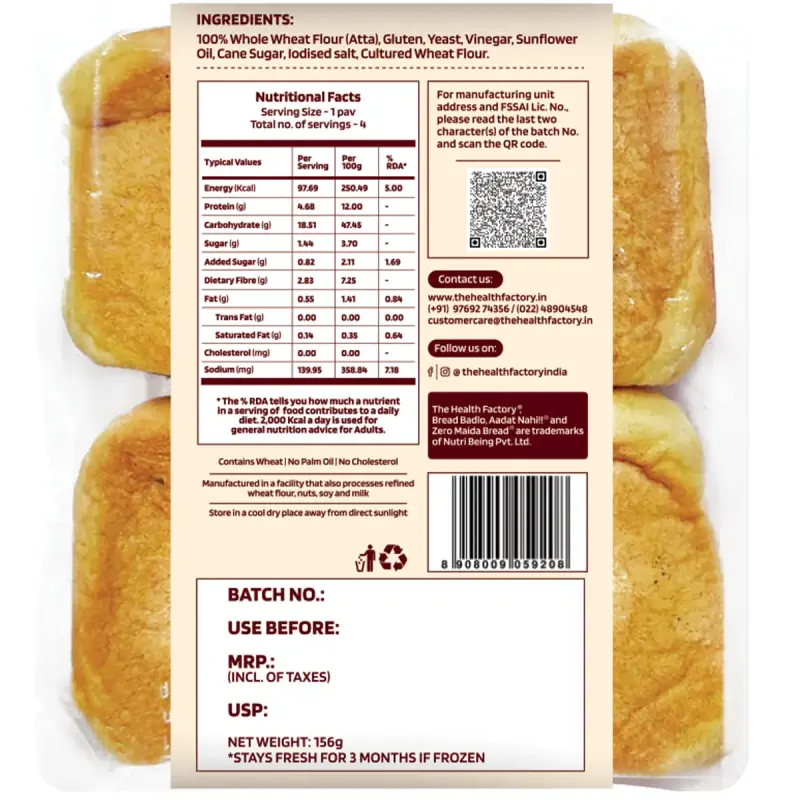 The Health Factory Zero Maida Bombay Pav- Whole wheat