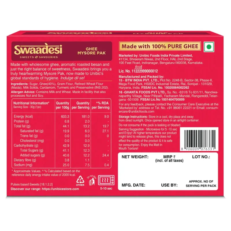 Unibic Swaadesi Premium Mysore Pak Box