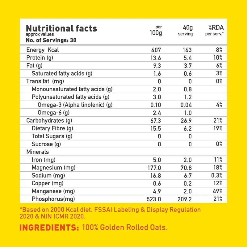 Yoga Bar 100% Rolled Oats Gluten free Wholegrain Oats With Protein & Fibre